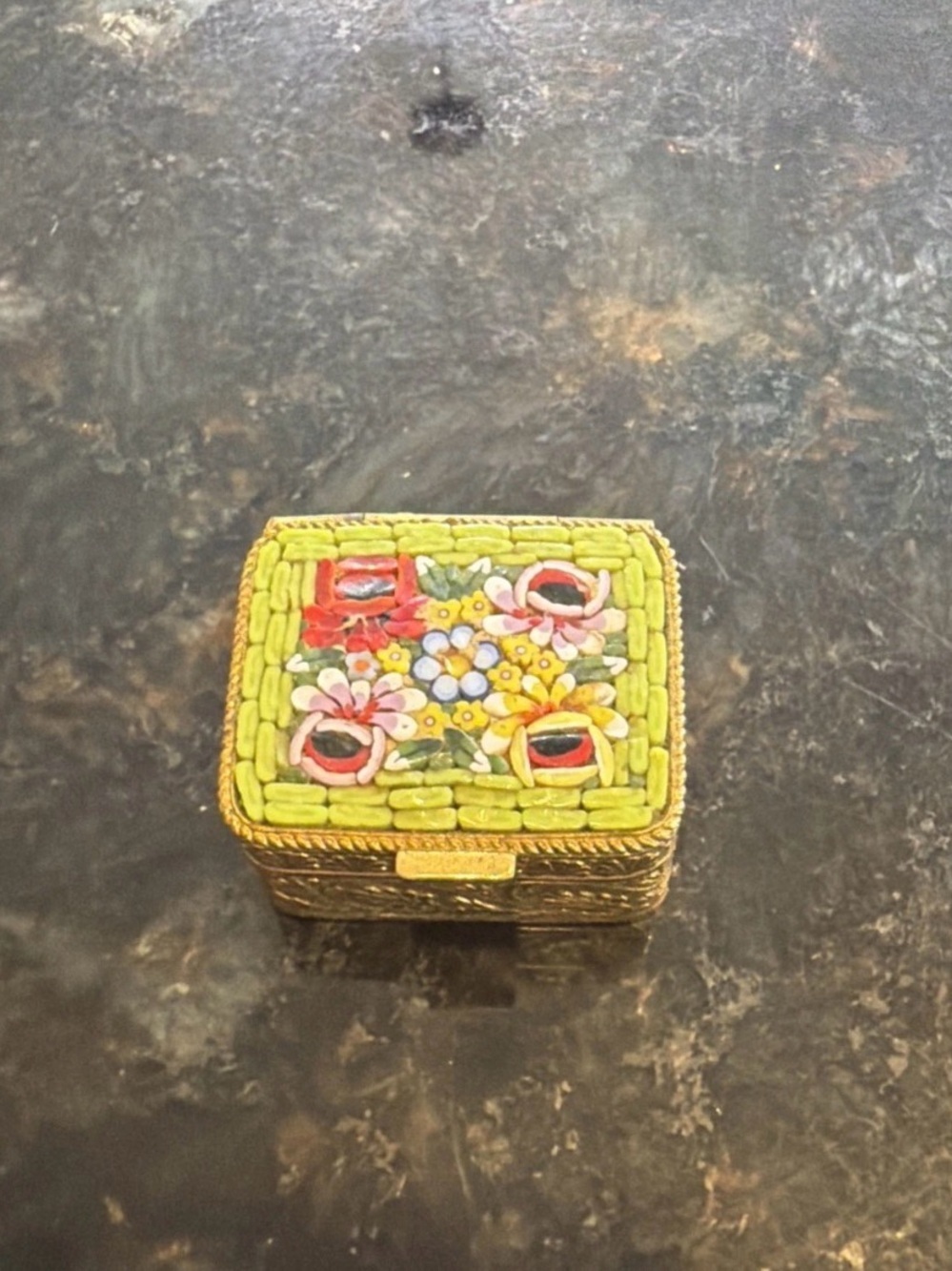Vintage Micro Mosaic Floral Trinket Box in Lime Green Made In Italy